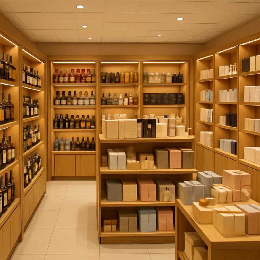 Inside Coutts — shelves of liquor, perfume, and gift items